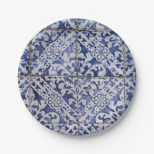 Assiettes En Carton Tuiles portugaises - Azulejo Floral bleu et blanc (Devant)