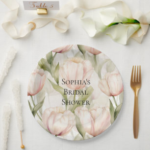 Assiettes En Carton Tulipes à crème rose pâle Fête des mariées florale