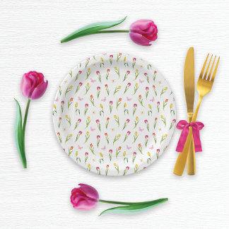 Assiettes En Carton Tulipes et papillons Motif blanc