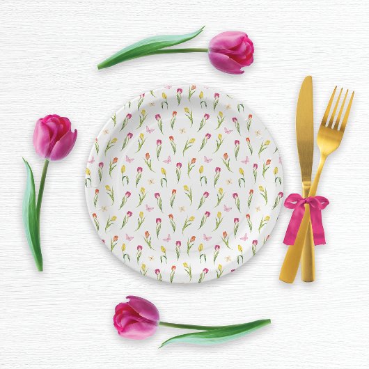 Assiettes En Carton Tulipes et papillons Motif blanc