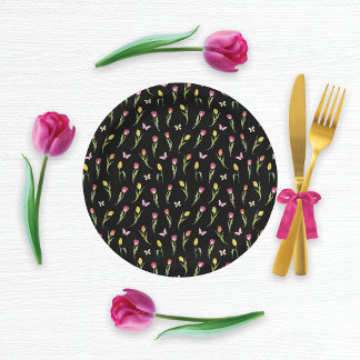Assiettes En Carton Tulipes et papillons Motif noir