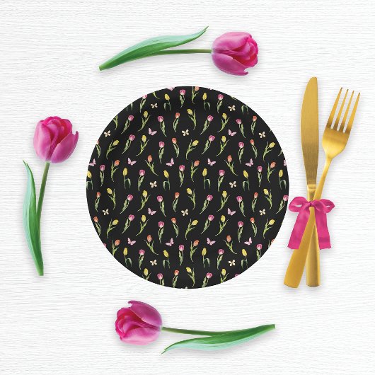 Assiettes En Carton Tulipes et papillons Motif noir