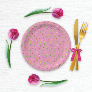 Assiettes En Carton Tulipes et papillons Motif rose