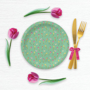 Assiettes En Carton Tulipes et papillons Motif vert