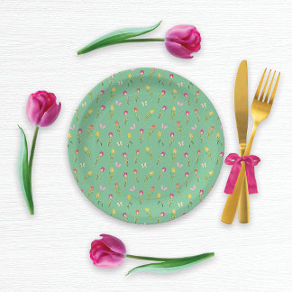 Assiettes En Carton Tulipes et papillons Motif vert