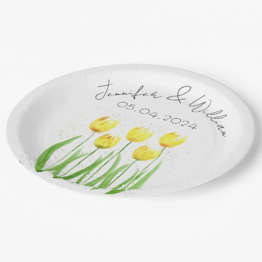 Assiettes En Carton Tulipes fleurs aquarelle Jaune Rustique Mariage (Angle)