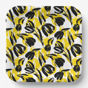 Assiettes En Carton Tulipes jaunes et noires 