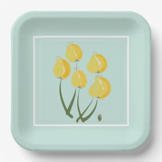 Assiettes En Carton Tulipes Jaunes & Plaque de Papier Vert Doux (Recto)