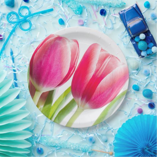 Assiettes En Carton Tulipes roses avec Feuille vert photo (Fête)