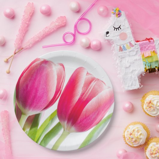 Assiettes En Carton Tulipes roses avec Feuille vert photo (Fête)