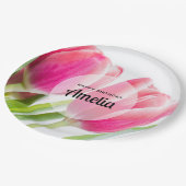 Assiettes En Carton Tulipes roses avec Feuilles verts Photo Anniversai (Angle)