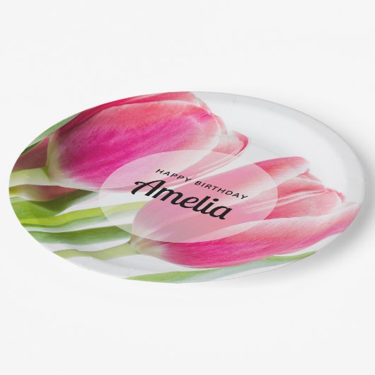 Assiettes En Carton Tulipes roses avec Feuilles verts Photo Anniversai (Angle)