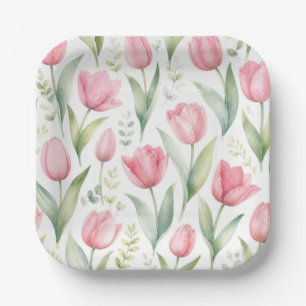 Assiettes En Carton Tulipes roses Peinture florale aquarelle botanique