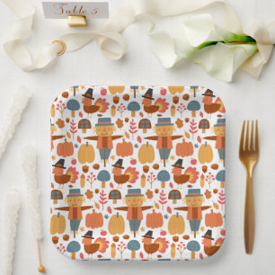 Assiettes En Carton Turquie et Scarecrow Thanksgiving Motif