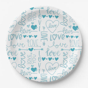 Assiettes En Carton Turquoise Amusement et Amour Moderne et Coeurs