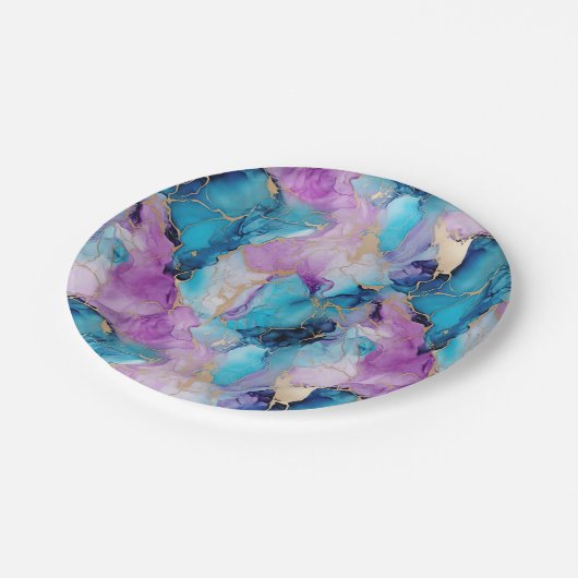 Assiettes En Carton Turquoise Aqua violet marbre or (Angle)