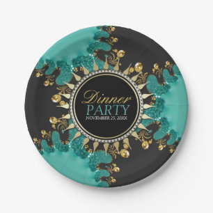 Assiettes En Carton Turquoise Black Gold Fractal Swirl Dîner Invitatio