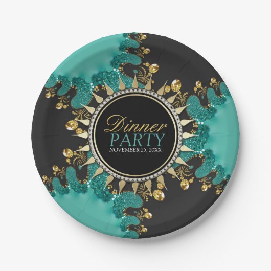 Assiettes En Carton Turquoise Black Gold Fractal Swirl Dîner Invitatio (Devant)