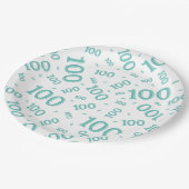 Assiettes En Carton Turquoise/blanc 100e anniversaire Motif du numéro (Angle)