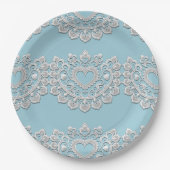 Assiettes En Carton Turquoise Bleu Blanc dentelle Coeur Mariage (Devant)