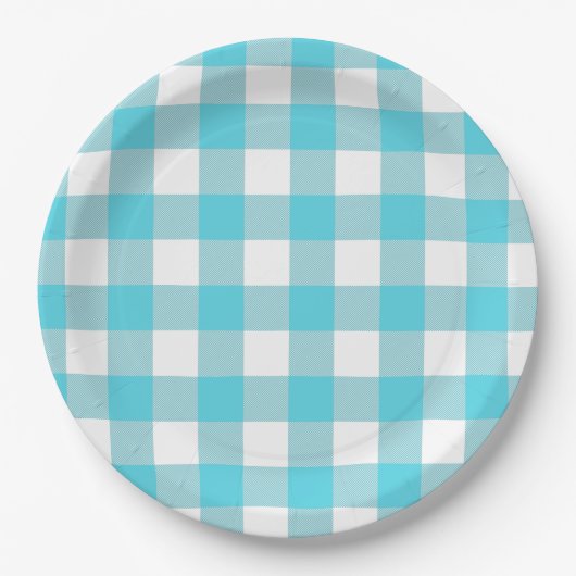 Assiettes En Carton Turquoise Bleu & Blanc En vichy Pique-nique d'été (Devant)