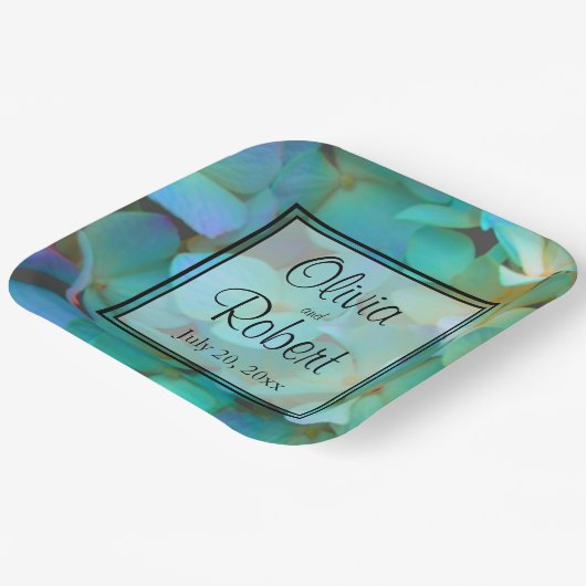 Assiettes En Carton Turquoise bleu jaune rose hydrangée fleurs (Angulaire)