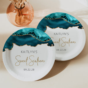 Assiettes En Carton Turquoise Blue Gold Agate Sweet 16 fête d'annivers