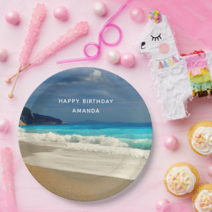 Assiettes En Carton Turquoise Blue Sea Beach Photo Joyeux anniversaire
