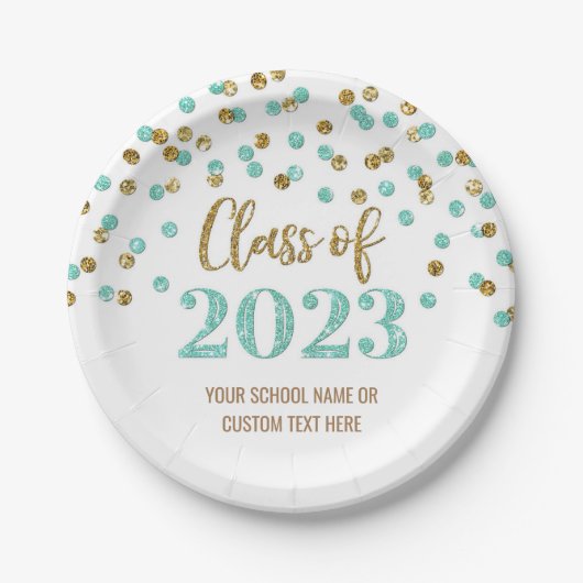 Assiettes En Carton Turquoise Gold Confetti Graduation 2023 (Devant)