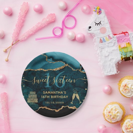 Assiettes En Carton Turquoise & Gold Faux Parties scintillant Agate Ma (Fête)