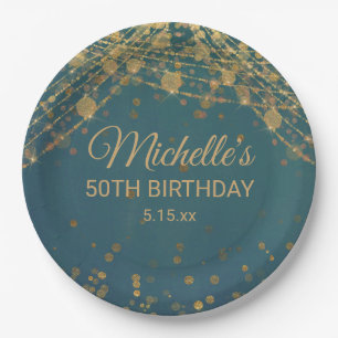 Assiettes En Carton Turquoise Gold String Lights Parties scintillant A