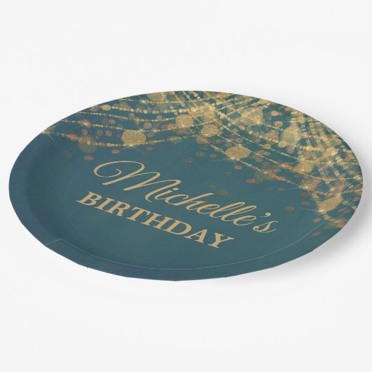 Assiettes En Carton Turquoise Gold String lumières Fête d'anniversaire (Angle)