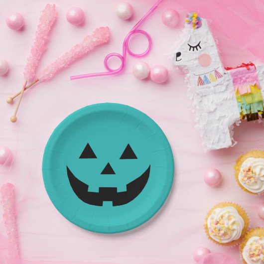 Assiettes En Carton Turquoise Jack-o'-lantern visage citrouille amusan (Fête)