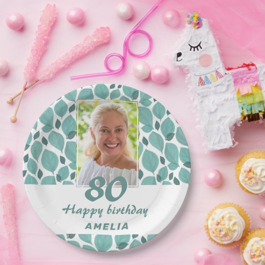Assiettes En Carton Turquoise Leaf Pattern 80th Birthday Party Photo (Fête)