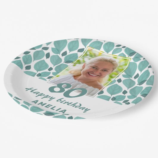 Assiettes En Carton Turquoise Leaf Pattern 80th Birthday Party Photo (Angle)