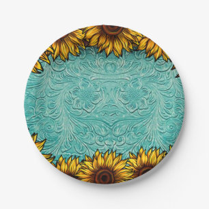 Assiettes En Carton Turquoise Leather Tooled Bright Sunny Sunflowers
