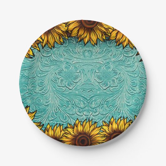 Assiettes En Carton Turquoise Leather Tooled Bright Sunny Sunflowers (Devant)