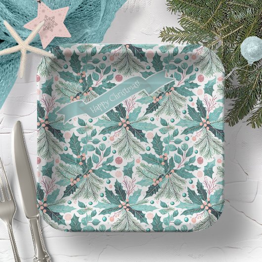 Assiettes En Carton Turquoise Noël Holly Berries Motif#17 ID1009