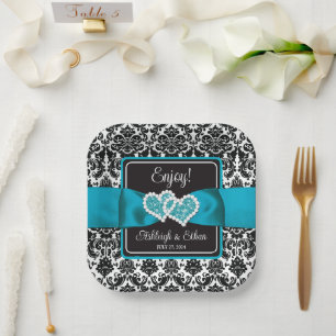 Assiettes En Carton Turquoise, Noir Damask Love Hearve Mariage