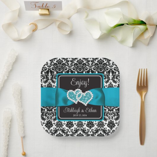 Assiettes En Carton Turquoise, Noir Damask Love Hearve Mariage (Mariage)
