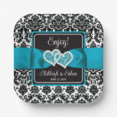Assiettes En Carton Turquoise, Noir Damask Love Hearve Mariage (Recto)