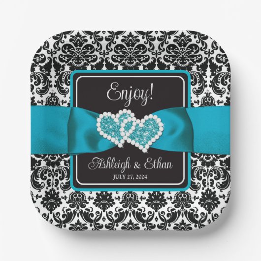 Assiettes En Carton Turquoise, Noir Damask Love Hearve Mariage (Recto)