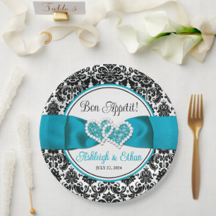 Assiettes En Carton Turquoise, Noir Damask Love Hearve Mariage
