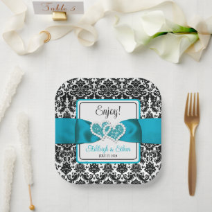 Assiettes En Carton Turquoise, Noir Damask Love Hearve Mariage