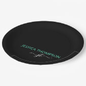 Assiettes En Carton Turquoise Noir Simple Script Monogramme Nom (Angle)