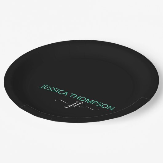 Assiettes En Carton Turquoise Noir Simple Script Monogramme Nom (Angle)