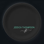 Assiettes En Carton Turquoise Noir Simple Script Monogramme Nom<br><div class="desc">Nom de script monogrammé customisé et initiale moderne et élégant style féminin Noir et Turquoise Ajouter votre nom avec Girly Grey Initiales Plaques de papier sont personnalisées et parfaites pour Sweet 16, 1er, 21e, 30e, 40e, 50e, 60e, 70e, Anniversaire, Mariage, Quinceanera, Fête des mariées, Bachelorette Party, Cadeau de vacances, Shopping,...</div>