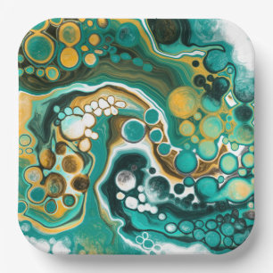 Assiettes En Carton Turquoise, Or, Marbre Fluide Art