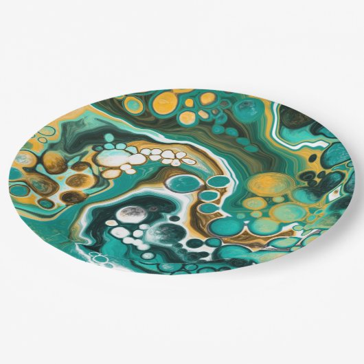 Assiettes En Carton Turquoise, Or, Marbre Fluide Art (Angle)