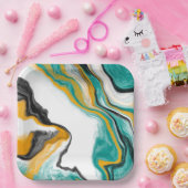 Assiettes En Carton Turquoise, Or, Marbre Fluide Art (Fête)